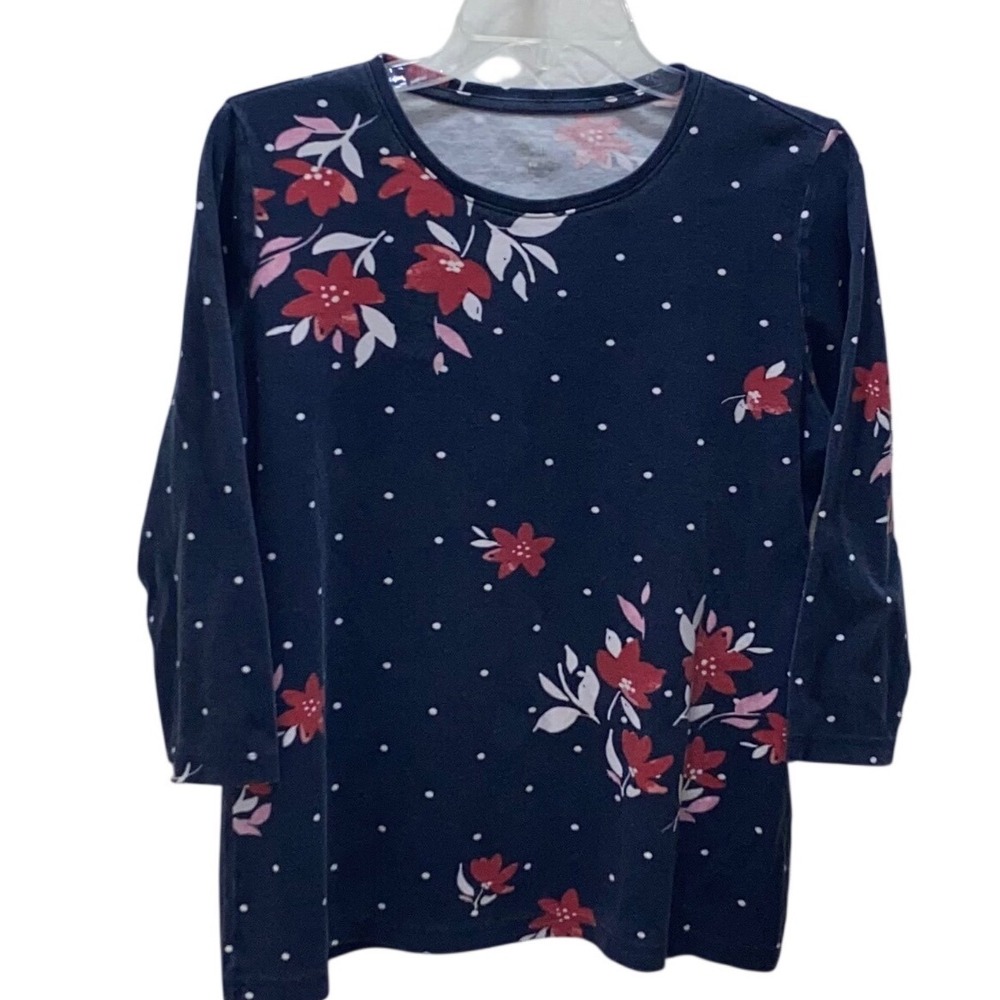 Kim Rogers Perfectly Soft Navy Blue Floral Polka Dot 3/4 Sleeve Cotton Top Small - Picture 5 of 6